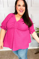 Feeling Strong Fuchsia Textured V Neck Babydoll Top (Open Pack)