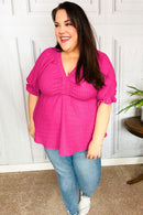 Feeling Strong Fuchsia Textured V Neck Babydoll Top (Open Pack)