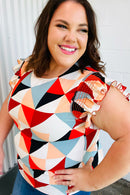Burnt Orange Geo Print Smocked Ruffle Frill Sleeve Top (Open Pack)