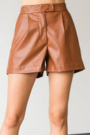 Camel Pleather Button Shorts