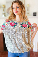 Perfectly Poised Ivory Animal Print Floral Embroidery Button Down Top (Open Pack)
