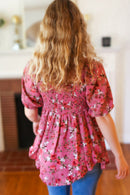 Just So Sweet Dusty Rose Floral Print Smocked Puff Sleeve Top (Open Pack)
