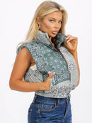 WOMEN'S SLEEVELESS ZIP UP FRONT POCKETS MULTI PRINT PUFFER VEST
