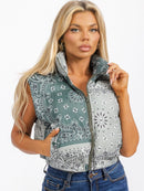 WOMEN'S SLEEVELESS ZIP UP FRONT POCKETS MULTI PRINT PUFFER VEST