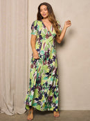 WOMEN'S SHORT PUFF SLEEVE V-NECK LEAF PRINT MAXI DRESS