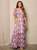 WOMEN'S SHORT RUFFLE SLEEVE SURPLICE PRINTED MAXI DRESS