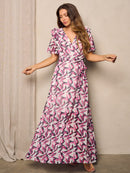 WOMEN'S SHORT RUFFLE SLEEVE SURPLICE PRINTED MAXI DRESS