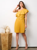 WOMEN'S ONE SHOULDER RUFFLE BELTED PLEATED MIDI DRESS
