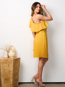 WOMEN'S ONE SHOULDER RUFFLE BELTED PLEATED MIDI DRESS