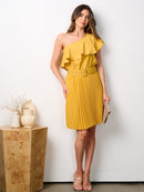WOMEN'S ONE SHOULDER RUFFLE BELTED PLEATED MIDI DRESS