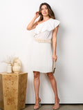 WOMEN'S ONE SHOULDER RUFFLE BELTED PLEATED MIDI DRESS