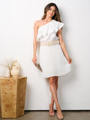 WOMEN'S ONE SHOULDER RUFFLE BELTED PLEATED MIDI DRESS
