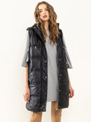 WOMEN'S SLEEVELESS BUTTON UP FRONT POCKETS HOODED PU PLEATHER PUFFER LONG VEST