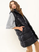 WOMEN'S SLEEVELESS BUTTON UP FRONT POCKETS HOODED PU PLEATHER PUFFER LONG VEST