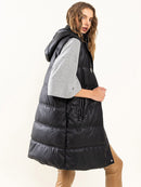 WOMEN'S SLEEVELESS BUTTON UP FRONT POCKETS HOODED PU PLEATHER PUFFER LONG VEST