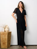 WOMEN'S SHORT SLEEVE SURPLICE PLEATED WIDE LEG JUMPSUIT