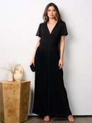 WOMEN'S SHORT SLEEVE SURPLICE PLEATED WIDE LEG JUMPSUIT