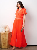 WOMEN'S SHORT SLEEVE SURPLICE PLEATED WIDE LEG JUMPSUIT