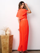 WOMEN'S SHORT SLEEVE SURPLICE PLEATED WIDE LEG JUMPSUIT