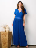 WOMEN'S SHORT SLEEVE SURPLICE PLEATED WIDE LEG JUMPSUIT