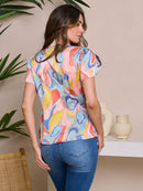 WOMEN'S SHORT SLEEVE BUTTON UP RUFFLE MULTI PRINT TOP