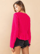 WOMEN'S LONG SLEEVE BUTTON UP FUZZY PEPLUM BLOUSE TOP