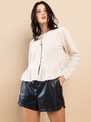 WOMEN'S LONG SLEEVE BUTTON UP FUZZY PEPLUM BLOUSE TOP