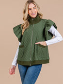WOMEN'S SHORT RUFFLE SLEEVE TURTLE NECK ZIP UP FRONT POCKETS PADDED VEST