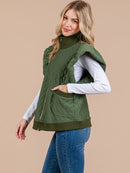 WOMEN'S SHORT RUFFLE SLEEVE TURTLE NECK ZIP UP FRONT POCKETS PADDED VEST