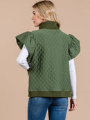 WOMEN'S SHORT RUFFLE SLEEVE TURTLE NECK ZIP UP FRONT POCKETS PADDED VEST
