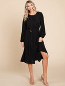 WOMEN'S LONG SLEEVE BUTTON UP BELTED MIDI DRESS