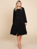 WOMEN'S LONG SLEEVE BUTTON UP BELTED MIDI DRESS