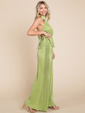 WOMEN'S SLEEVELESS HALTER NECK TOP & ELASTIC WAIST WIDE LEG PANTS PLEATED 2PC. SET