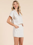 WOMEN'S SHORT SLEEVE V-NECK TOP & BUTTON CLOSURE MINI SKORT SOLID LINEN 2PC. SET