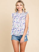 WOMEN'S RUFFLE SLEEVELESS PLEATED FLORAL BLOUSE