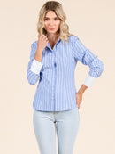 WOMEN'S LONG SLEEVE BUTTON UP STRIPES COLORBLOCK BLOUSE