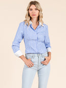 WOMEN'S LONG SLEEVE BUTTON UP STRIPES COLORBLOCK BLOUSE