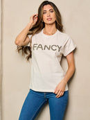 WOMEN'S SHORT SLEEVE GRAPHIC STUDS DETAILED TOP