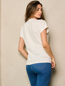 WOMEN'S SHORT SLEEVE GRAPHIC STUDS DETAILED TOP