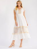 WOMEN'S SHORT SLEEVE V-NECK OPEN BACK TIERED CROCHET LACE MAXI DRESS
