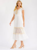 WOMEN'S SHORT SLEEVE V-NECK OPEN BACK TIERED CROCHET LACE MAXI DRESS