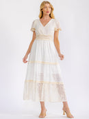 WOMEN'S SHORT SLEEVE V-NECK TIERED CROCHET LACE MAXI DRESS