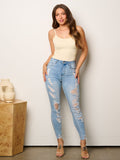 WOMEN'S BUTTON CLOSURE STRETCH DISTRESS DENIM SKINNY JEANS