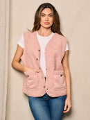 WOMEN'S SLEEVELESS BUTTON UP POCKETS SHERPA VEST