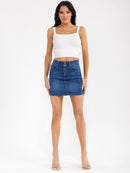 WOMEN'S BUTTON CLOSURE POCKETS WASHED STRETCH DENIM MINI SKIRT