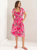 WOMEN'S SHORT SLEEVES SQUARE NECK SMOCK FLORAL MIDI DRESS