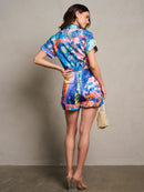 WOMEN'S SHORT SLEEVE BUTTON UP POCKETS SELF TIE FLORAL ROMPER