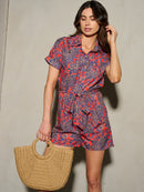WOMEN'S SHORT SLEEVE SELF TIE PAISLEY BUTTON UP ROMPER