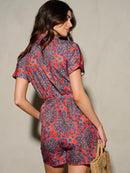 WOMEN'S SHORT SLEEVE SELF TIE PAISLEY BUTTON UP ROMPER
