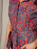 WOMEN'S SHORT SLEEVE SELF TIE PAISLEY BUTTON UP ROMPER